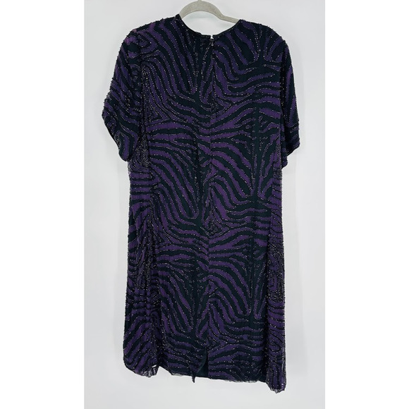 Vintage Bieff Basix Silk Beaded Dress Purple Tiger Stripe Size 2X Formal Wedding - Picture 5 of 7